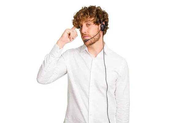 Homem Telemarketer Trabalhando Com Fone Ouvido Isolado Fundo Croma Verde — Fotografia de Stock