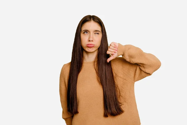 Mladá Běloška Osamělá Žena Dlouhými Vlasy Ukazovala Odmítavé Gesto Palec — Stock fotografie