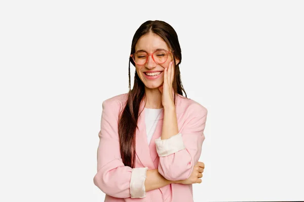 Young Caucasian Long Hair Woman Isolated Laughs Happily Has Fun — Stock Photo, Image