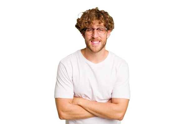 Jonge Blanke Man Geïsoleerd Groene Chroma Achtergrond Lachen Plezier Hebben — Stockfoto