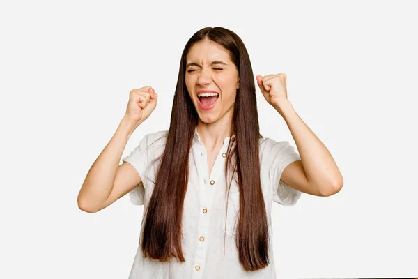 Young Caucasian Long Hair Woman Isolated Raising Fist Victory Winner — Stock Photo, Image