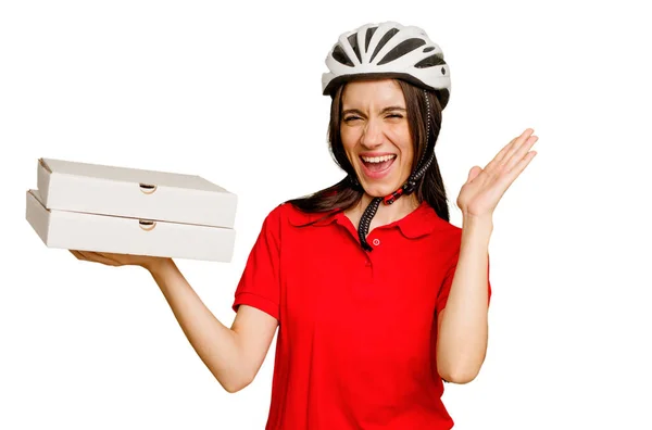 Young Caucasian Woman Holding Takeaway Pizzas Isolated Receiving Pleasant Surprise — Stock Photo, Image