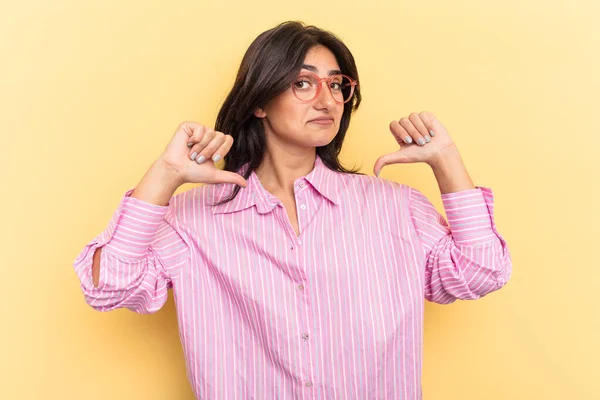 Young Indian Woman Isolated Yellow Background Feels Proud Self Confident — Stock Photo, Image