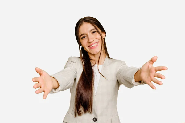 Young Caucasian Long Hair Woman Isolated Showing Welcome Expression — Stock Photo, Image