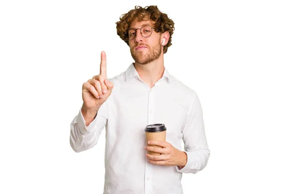 Beyaz Arka Planda Izole Edilmiş Bir Şekilde Elinde Kahve Tutan — Stok fotoğraf