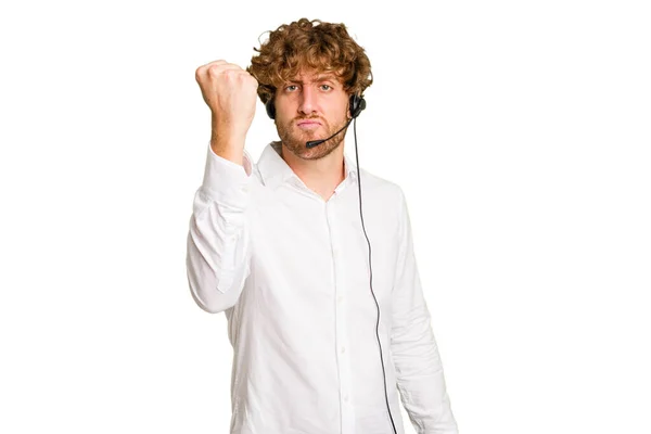 Telemarketer Άνθρωπος Που Εργάζονται Ένα Ακουστικό Απομονώνονται Πράσινο Chroma Φόντο — Φωτογραφία Αρχείου