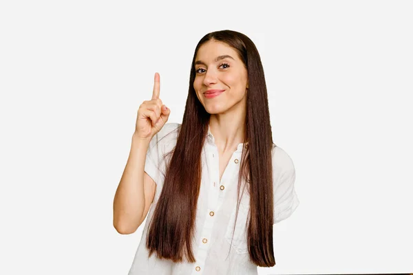 Jovem Caucasiano Longo Cabelo Mulher Isolado Mostrando Número Com Dedo — Fotografia de Stock