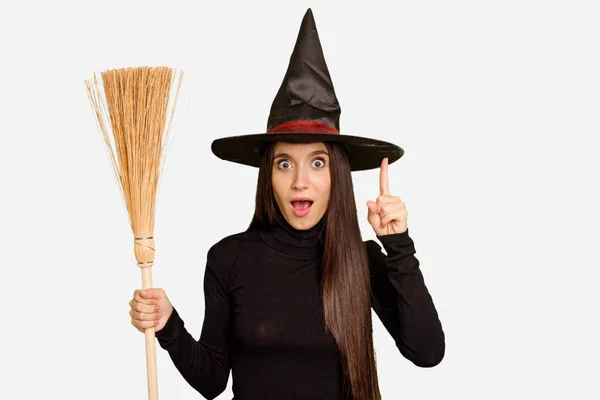 Young Caucasian Woman Dressed Witch Holding Broom Isolated Having Idea — Stock Photo, Image
