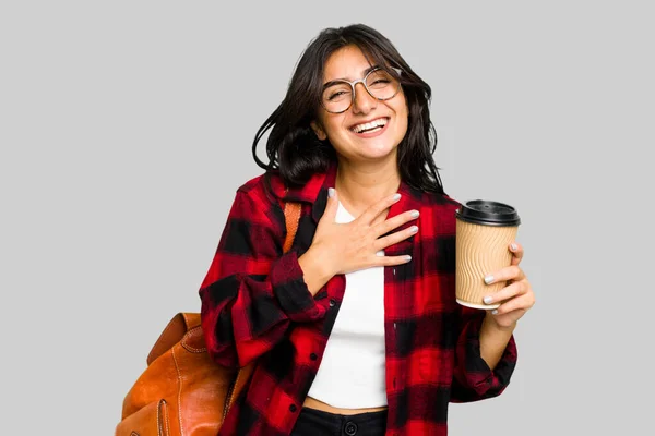 Young Student Indian Woman Holding Take Away Coffee Isolated Laughs — Stock Photo, Image