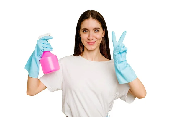 Young Cleaner Woman Isolated Showing Number Two Fingers — Stock Photo, Image