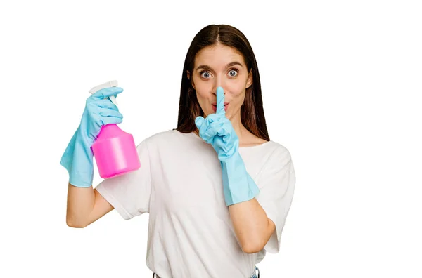 Young Cleaner Woman Isolated Keeping Secret Asking Silence — Stock Photo, Image