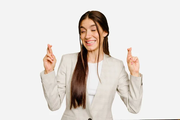 Junge Kaukasische Frau Mit Langen Haaren Isoliert Daumen Drücken Glück — Stockfoto