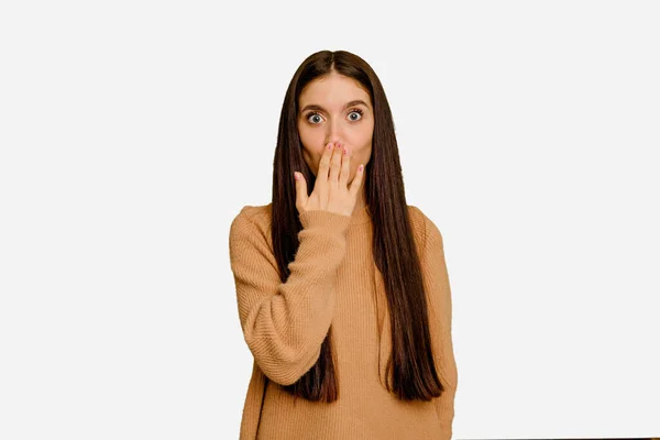 Young Caucasian Long Hair Woman Isolated Shocked Covering Mouth Hands — Stock Photo, Image