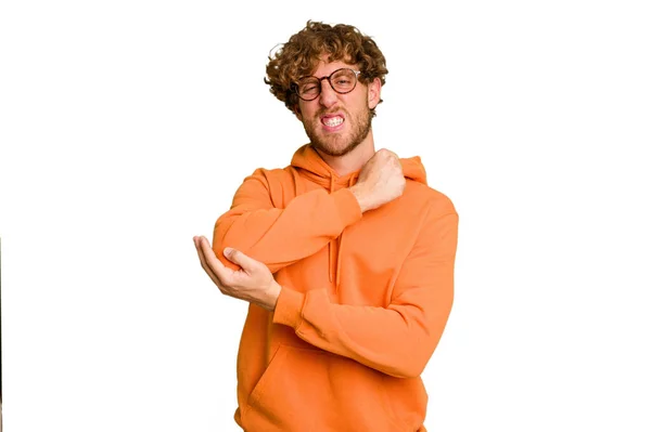 Young Caucasian Man Isolated Green Chroma Background Massaging Elbow Suffering — Stock Photo, Image