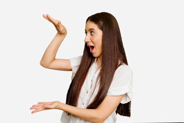 Young Caucasian Long Hair Woman Isolated Shocked Amazed Holding Copy — Stock Photo, Image