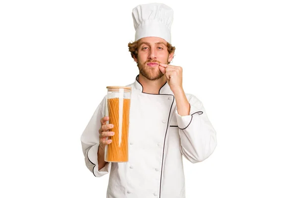 Young Cook Man Isolated White Background Fingers Lips Keeping Secret — Stock Photo, Image