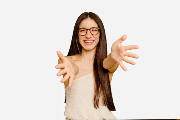 Young Caucasian Long Hair Woman Isolated Feels Confident Giving Hug — Stock Photo, Image