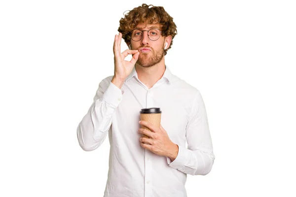 Uomo Affari Caucasico Possesso Caffè Portare Isolato Sfondo Bianco Con — Foto Stock