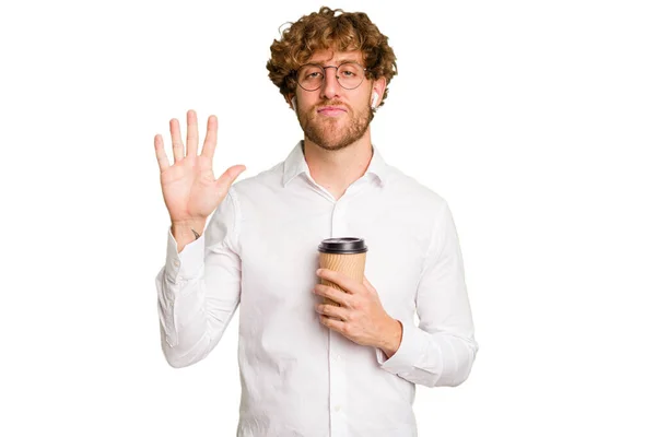 Business Caucasian Man Holding Coffee Take Away Isolated White Background — Stock Photo, Image