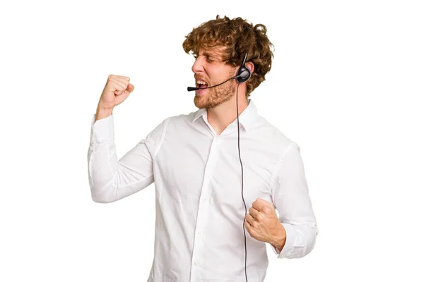 Telemarketer Homme Travaillant Avec Casque Isolé Sur Fond Chrome Vert — Photo