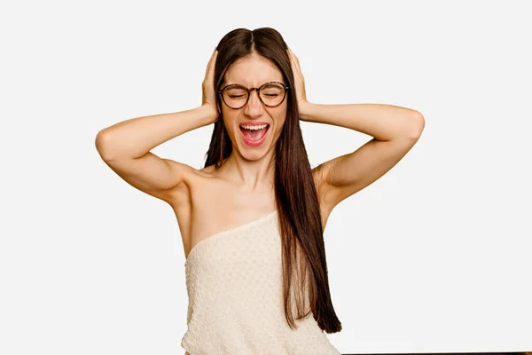 Young Caucasian Long Hair Woman Isolated Covering Ears Hands Trying — Stock Photo, Image