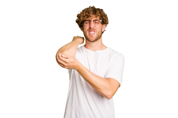 Young Caucasian Man Isolated Green Chroma Background Massaging Elbow Suffering — Stock Photo, Image