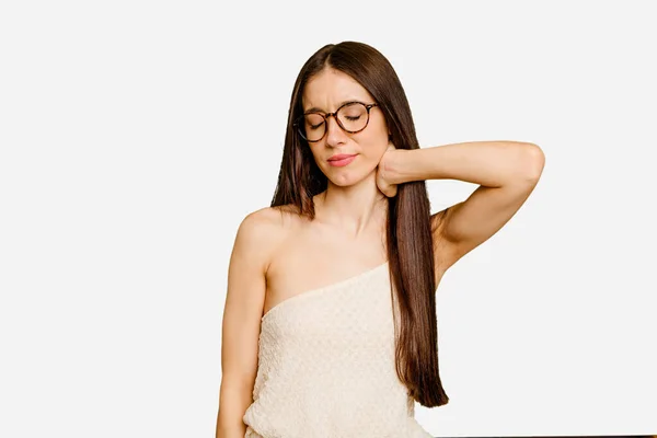 Young Caucasian Long Hair Woman Isolated Having Neck Pain Due — Stock Photo, Image