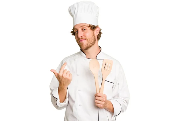 Junger Koch Mann Isoliert Auf Weißem Hintergrund Zeigt Mit Dem — Stockfoto