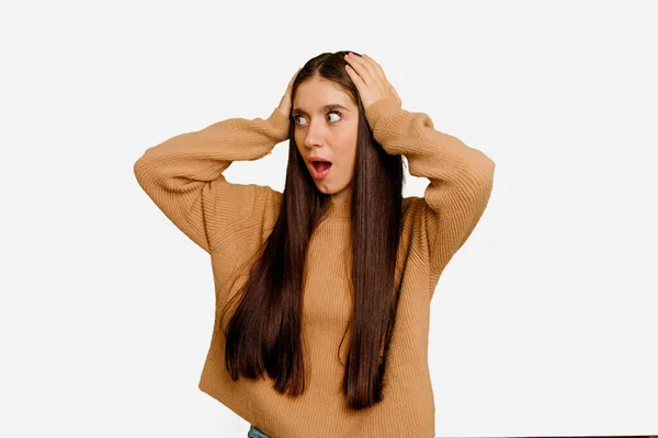 Young Caucasian Long Hair Woman Isolated Screaming Very Excited Passionate — Stock Photo, Image