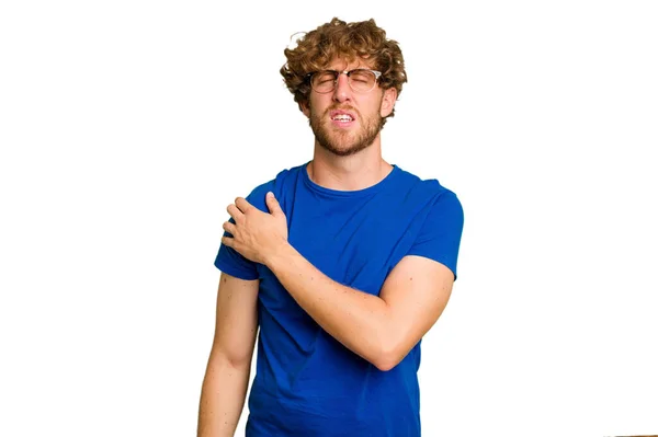 Young Caucasian Man Isolated Green Chroma Background Having Shoulder Pain — Stock Photo, Image