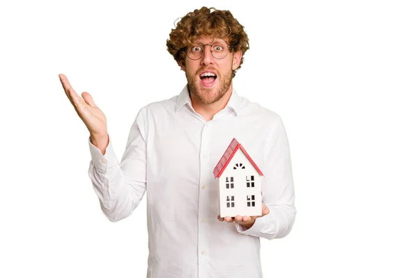 Business Caucasian Man Holding Toy House Isolated White Background Receiving — Stock Photo, Image