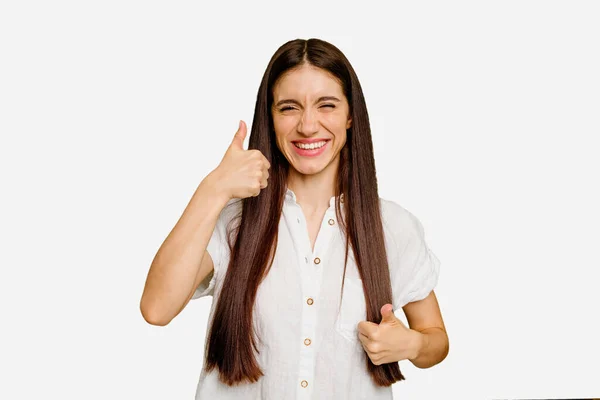 Młody Biały Długie Włosy Kobieta Pojedyncze Podnosząc Oba Kciuki Górę — Zdjęcie stockowe