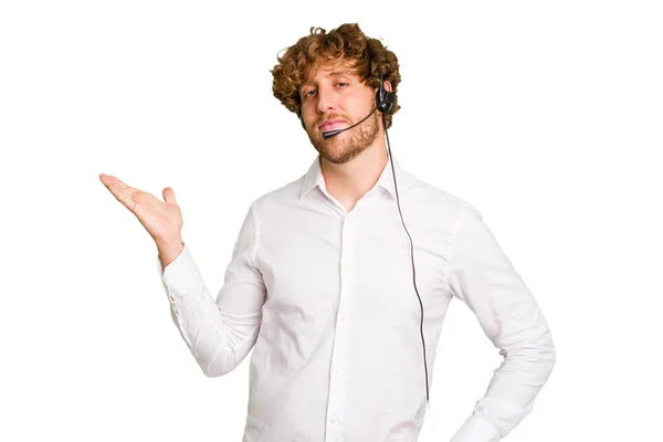 Telemarketer Man Working Headset Isolated Green Chroma Background Showing Copy — Stock Photo, Image
