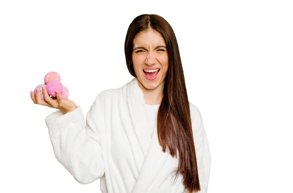 Jeune Femme Caucasienne Tenant Des Boules Aromatiques Isolées Criant Très — Photo