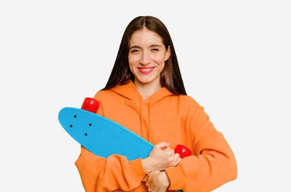 Jong Skater Kaukasische Vrouw Geïsoleerd Lachen Plezier Hebben — Stockfoto