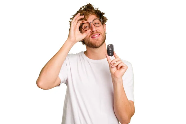 Young Caucasian Man Holding Car Keys Isolated White Background Excited — Stock Photo, Image