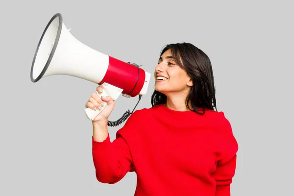Young Indian Woman Holding Megaphone Isolated — Stock Photo, Image