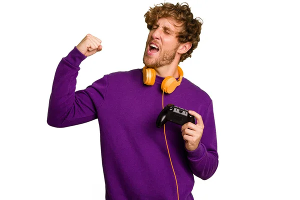 Young Caucasian Gamer Man Holding Game Controller Isolated White Background — Stock Photo, Image