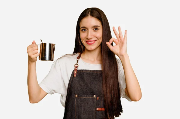 Young Barista Caucasian Woman Isolated Cheerful Confident Showing Gesture — Stock Photo, Image