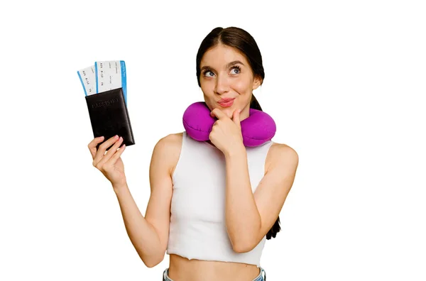 Young Caucasian Woman Inflatable Travel Pillow Holding Passport Isolated Looking — Stock Photo, Image