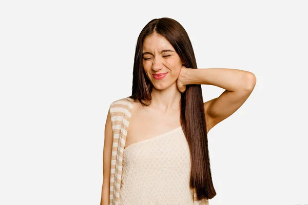 Mladý Kavkazský Dlouhé Vlasy Žena Izolované Utrpení Bolesti Krku Důsledku — Stock fotografie