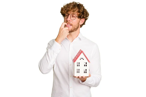 Business Caucasian Man Holding Toy House Isolated White Background Relaxed — Stock Photo, Image