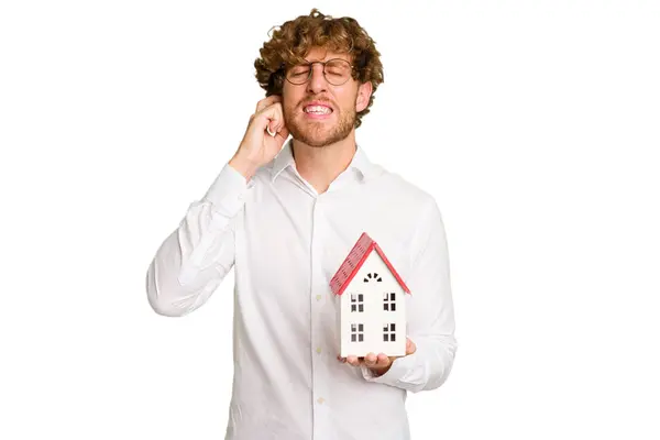 Business Caucasian Man Holding Toy House Isolated White Background Covering — Stock Photo, Image