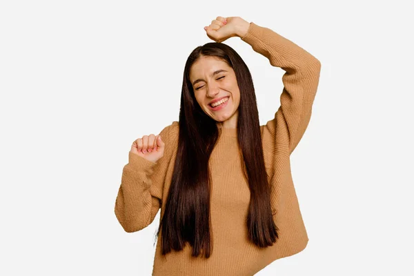Beyaz Saçlı Genç Bir Kadın Özel Bir Günü Kutluyor Atlıyor — Stok fotoğraf