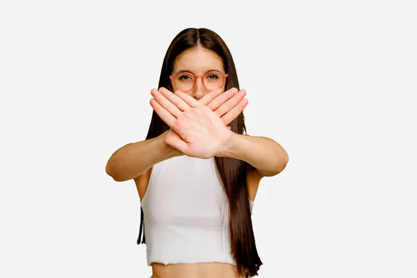 Young Caucasian Long Hair Woman Isolated Doing Denial Gesture — Stock Photo, Image