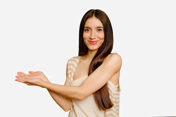 Young Caucasian Long Hair Woman Isolated Holding Copy Space Palm — Stock Photo, Image