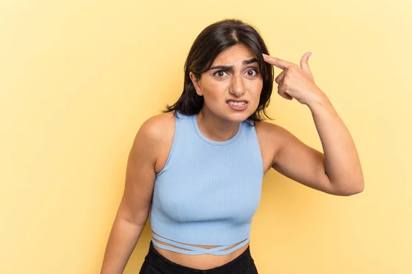 Young Indian Woman Isolated Yellow Background Showing Disappointment Gesture Forefinger — Stock Photo, Image