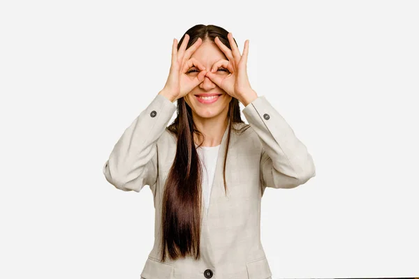 Young Caucasian Long Hair Woman Isolated Excited Keeping Gesture Eye — Stock Photo, Image