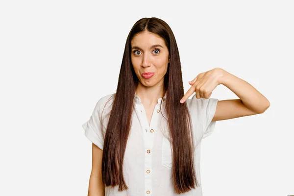Young Caucasian Long Hair Woman Isolated Person Pointing Hand Shirt — Stock Photo, Image