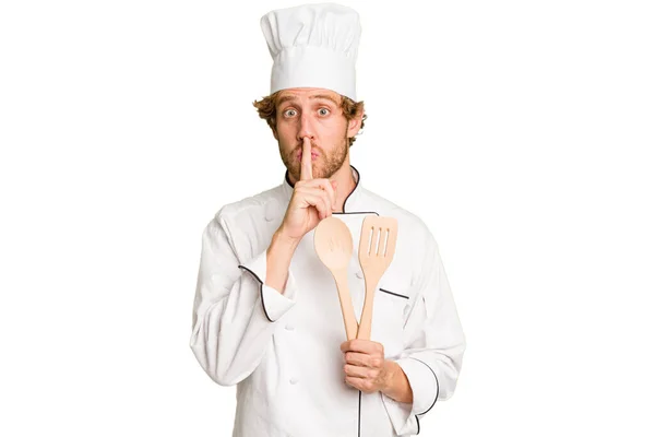 Young Cook Man Isolated White Background Keeping Secret Asking Silence — Stock Photo, Image